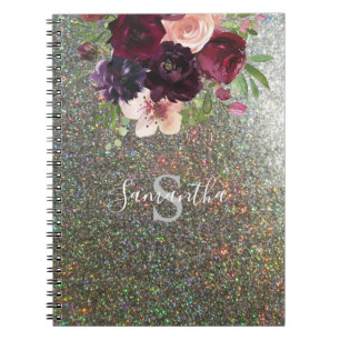 Burgundy & Pink Floral Monogram - Silver Glitter Notebook