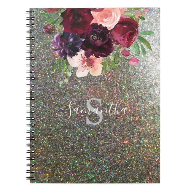 Burgundy &  Pink Floral Monogram - Silver Glitter Notebook (Front)