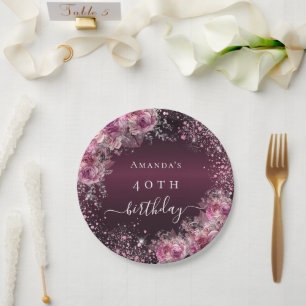 Burgundy pink floral name elegant birthday paper plate