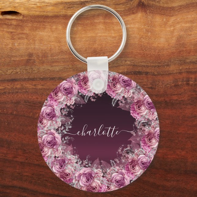 Burgundy pink floral name script key ring (Back)