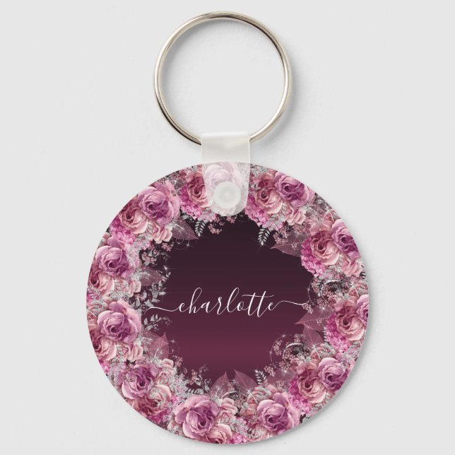 Burgundy pink floral name script key ring (Front)