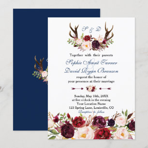 Burgundy Pink Floral Navy Antlers Monogram Wedding Invitation