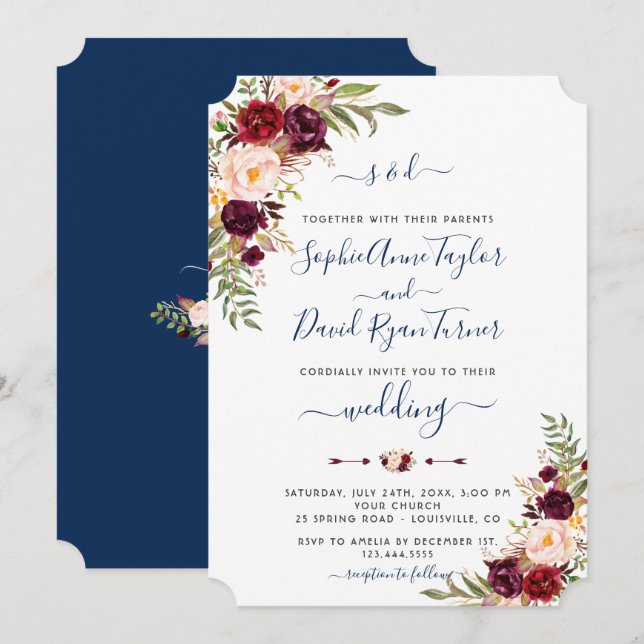 Burgundy Pink Floral Navy Blue Calligraphy Wedding Invitation (Front/Back)