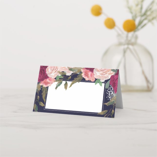burgundy pink floral navy wedding place card (Front)