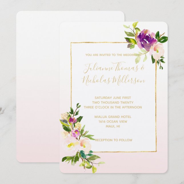 Burgundy Pink Floral Ombre Wedding Invitation (Front/Back)