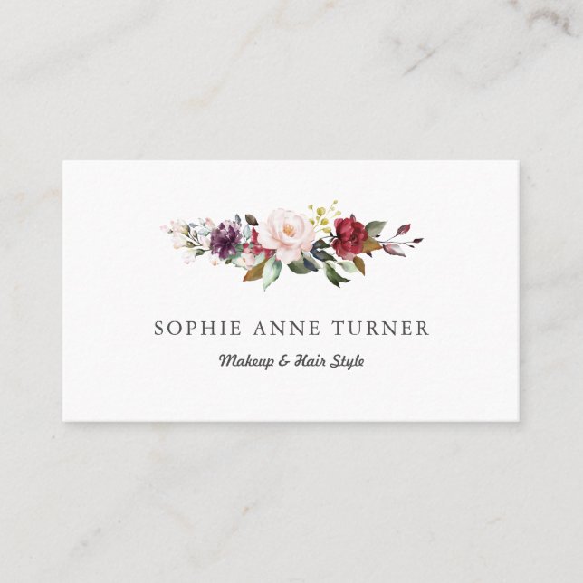 Burgundy Pink Floral Professional Makeup Artist Business Card (Front)