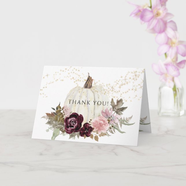 Burgundy Pink Floral Pumpkin Gold Star Thank You Card (Orchid)