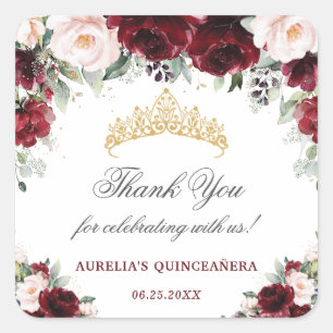 Burgundy Pink Floral Quinceanera Favour Thank You  Square Sticker