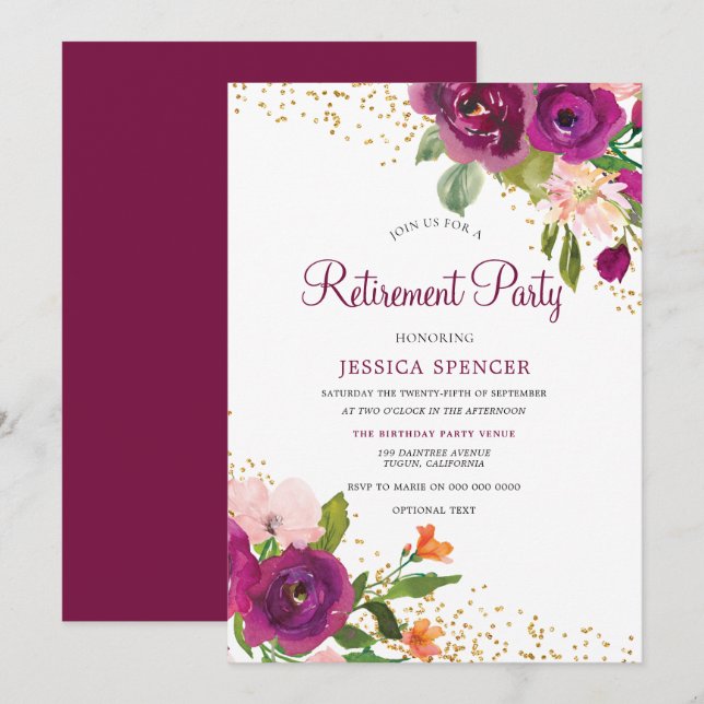 Burgundy Pink Floral Retirement Party Invite (Front/Back)