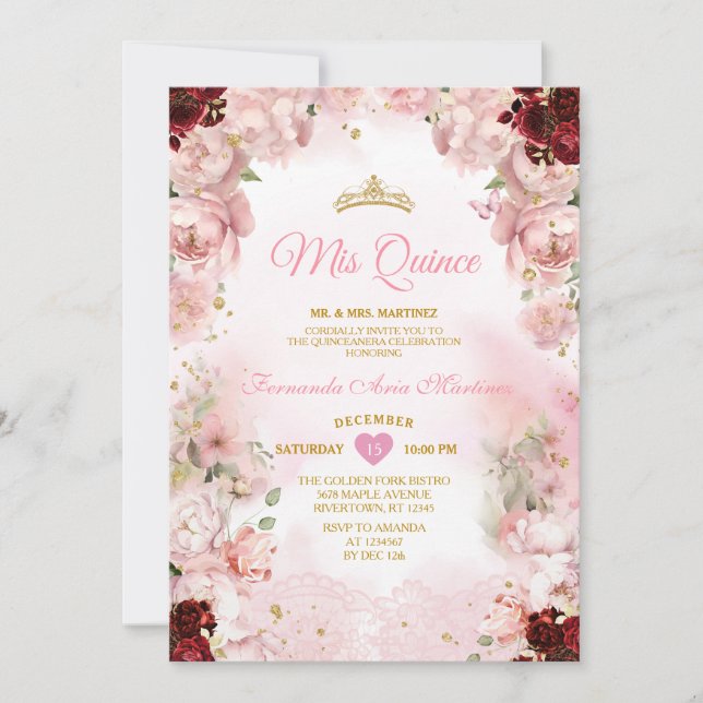 Burgundy Pink Floral  Ribbon Gold Crown Mis Quince Invitation (Front)