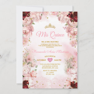Burgundy Pink Floral Ribbon Gold Crown Mis Quince Invitation