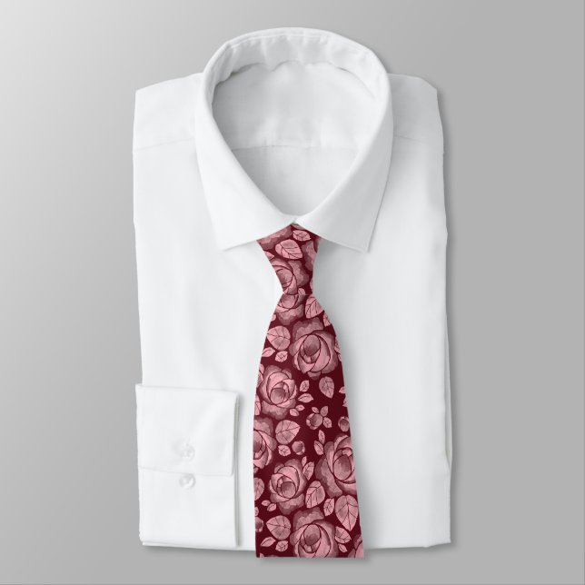 Burgundy Pink Floral Rose Pattern Neck Tie (Tied)