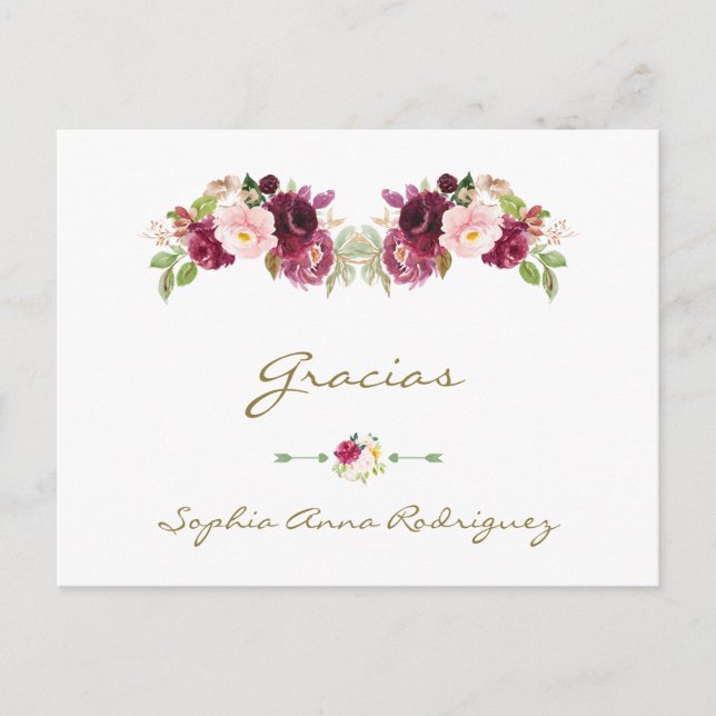Burgundy Pink Floral Spanish Baby Shower Gracias Postcard (Front)