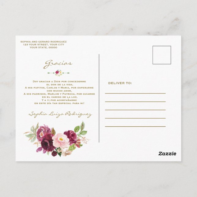 Burgundy Pink Floral Spanish Baptism Gracias Postcard (Back)