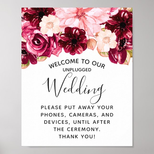 Burgundy Pink Floral Unplugged Wedding Table Sign (Front)