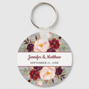 Burgundy Pink Floral Wedding Bridal Party Favour Key Ring