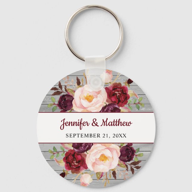 Burgundy Pink Floral Wedding Bridal Party Favour Key Ring (Front)