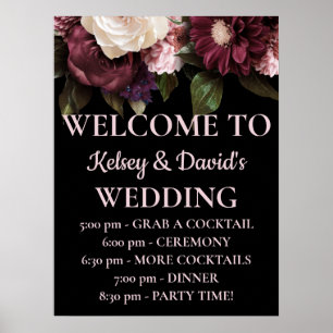 Burgundy & Pink Floral Wedding Details Welcome  Poster