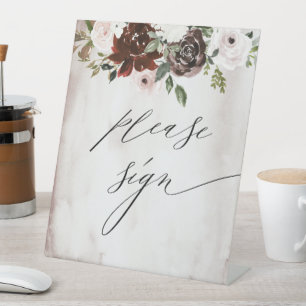 Burgundy Pink Floral Wedding Guest Book Pedestal Sign