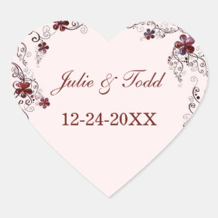 Burgundy & Pink Floral Wedding Save The Date Heart Sticker