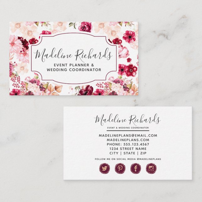 Burgundy & Pink Floral with Social Media Icons Business Card (Front/Back)