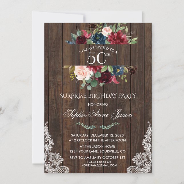 Burgundy Pink Floral Wood Lace 50th Birthday Party Invitation (Front)