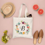 Burgundy Pink Floral Wreath Bridesmaid Initial Tote Bag<br><div class="desc">Custom wedding tote bag features a monogram initial framed by an elegant boho style floral wreath design with beautiful fall watercolor flowers, including roses, dahlias, peony flowers, and greenery, in a gorgeous autumn palette of burgundy red, golden yellow, peach orange, blush pink, and shades of green. Personalise with a first...</div>