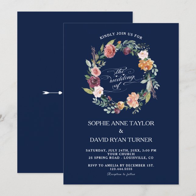 Burgundy Pink Floral Wreath Dark Blue Wedding Invitation (Front/Back)