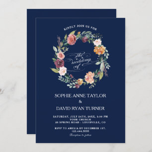 Burgundy Pink Floral Wreath Dark Blue Wedding Invitation