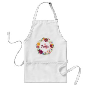 Burgundy & Pink Floral Wreath Name & Initial Kids Standard Apron