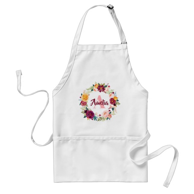 Burgundy & Pink Floral Wreath Name & Initial Kids Standard Apron (Front)