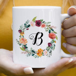 Burgundy Pink Floral Wreath Script Initial Coffee Mug<br><div class="desc">Custom coffee mug features a script monogram initial framed by an elegant boho style floral wreath design with beautiful fall watercolor flowers, including roses, dahlias, peony flowers, and greenery, in a gorgeous autumn palette of burgundy red, golden yellow, peach orange, blush pink, and shades of green. Personalise with a first...</div>