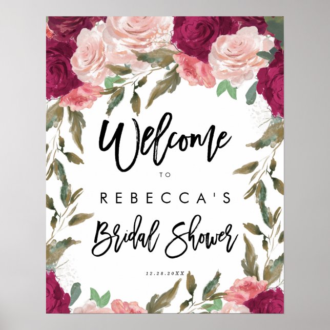 burgundy pink florals bridal shower welcome sign (Front)