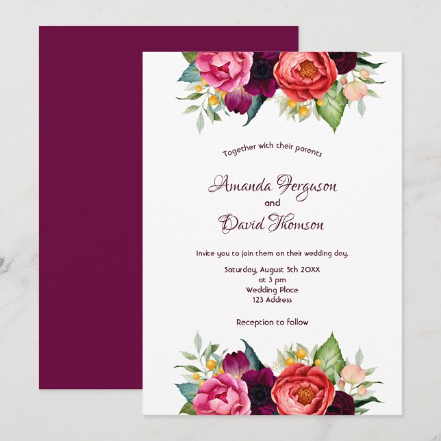 Burgundy pink florals fall white wedding invitation (Front/Back)