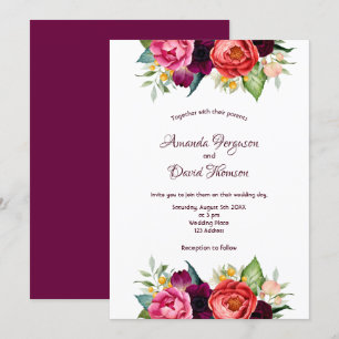 Burgundy pink florals fall white wedding invitation