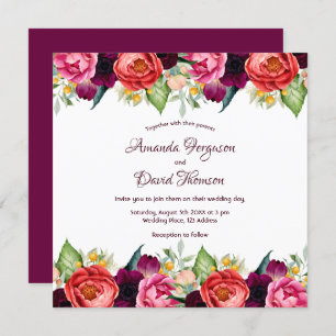 Burgundy pink florals fall white wedding invitation