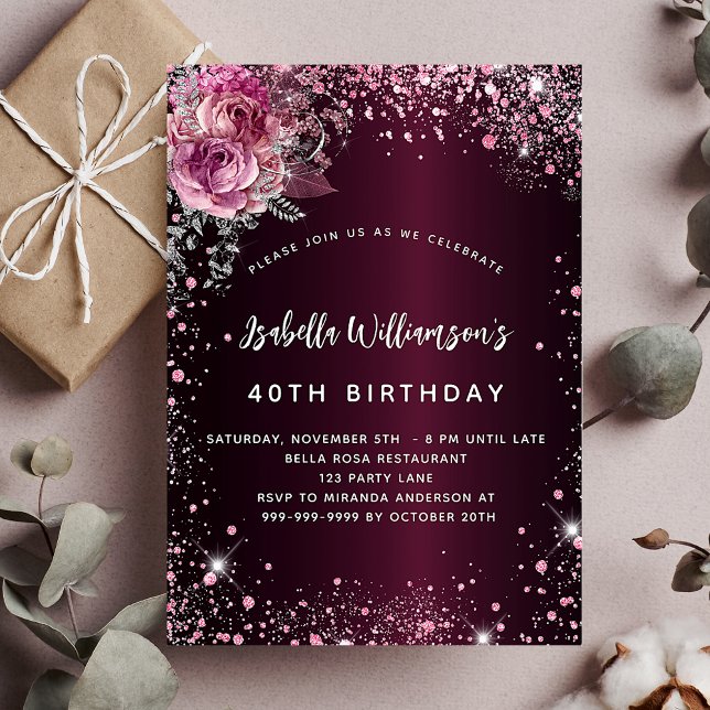 Burgundy pink florals glitter birthday invitation (Creator Uploaded)