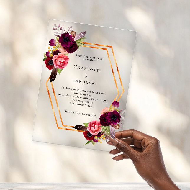 Burgundy pink florals gold geometric boho wedding acrylic invitations (Creator Uploaded)