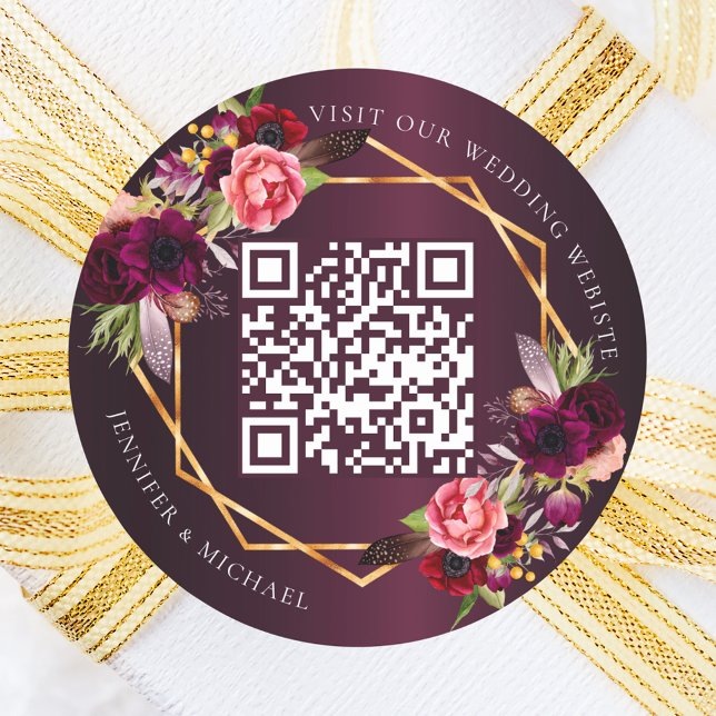 Burgundy pink florals gold geometric QR wedding Classic Round Sticker (Creator Uploaded)