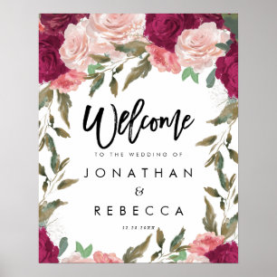 burgundy pink florals wedding welcome sign poster