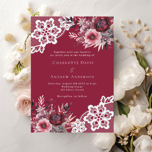 Burgundy pink florals white lace premium wedding invitation