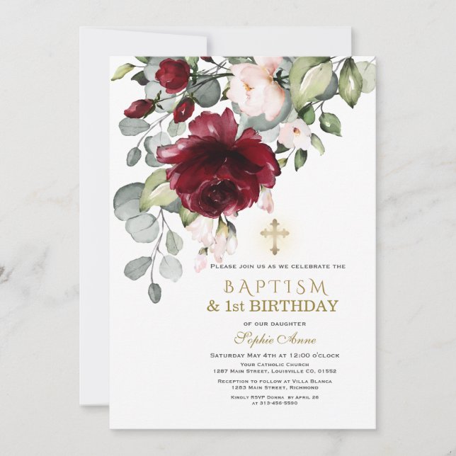 Burgundy Pink Flowers Baptism 1st Birthday Party Invitation (Front)