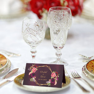Burgundy pink flowers boho wedding place card