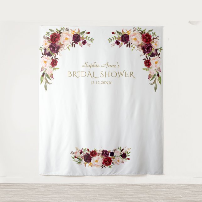 Burgundy Pink Flowers Bridal Shower Photo Booth Tapestry (Front)