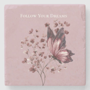 Burgundy Pink Flowers Butterfly Dreams Stone Coaster