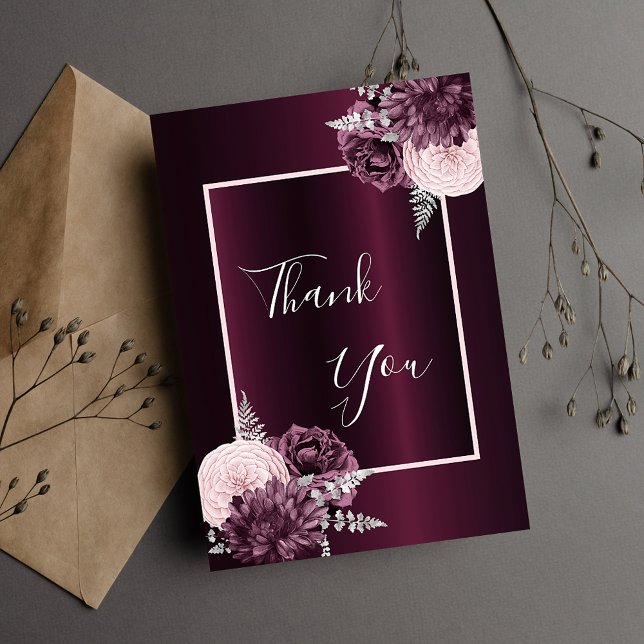 Burgundy pink flowers elegant glamourous thank you card (Creator Uploaded)