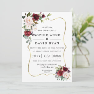 Burgundy Pink Flowers Gold All In One Wedding Invitation