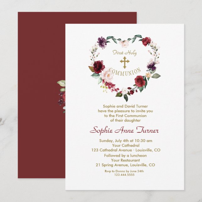 Burgundy Pink Flowers Gold First Holy Communion Invitation (Front/Back)