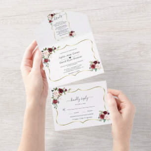 Burgundy Pink Flowers Gold Frame Wedding All In One Invitation