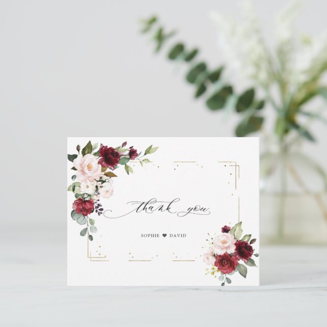 Burgundy Pink Flowers Gold Glitter Frame Wedding  Thank You Card (Standing Front)